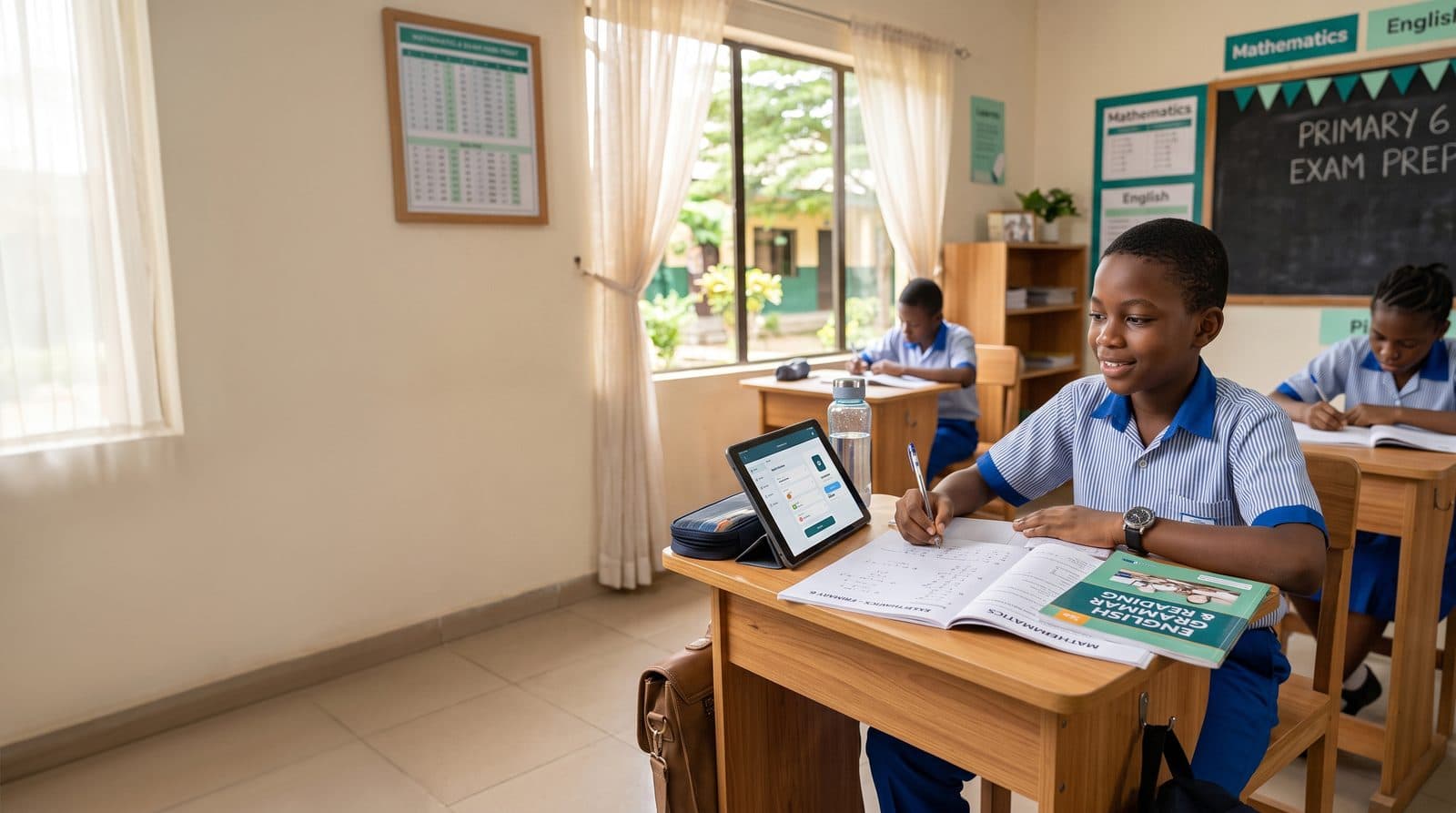 A Nigerian Primary 6 pupil doing maths and English exam practice with books and a tablet