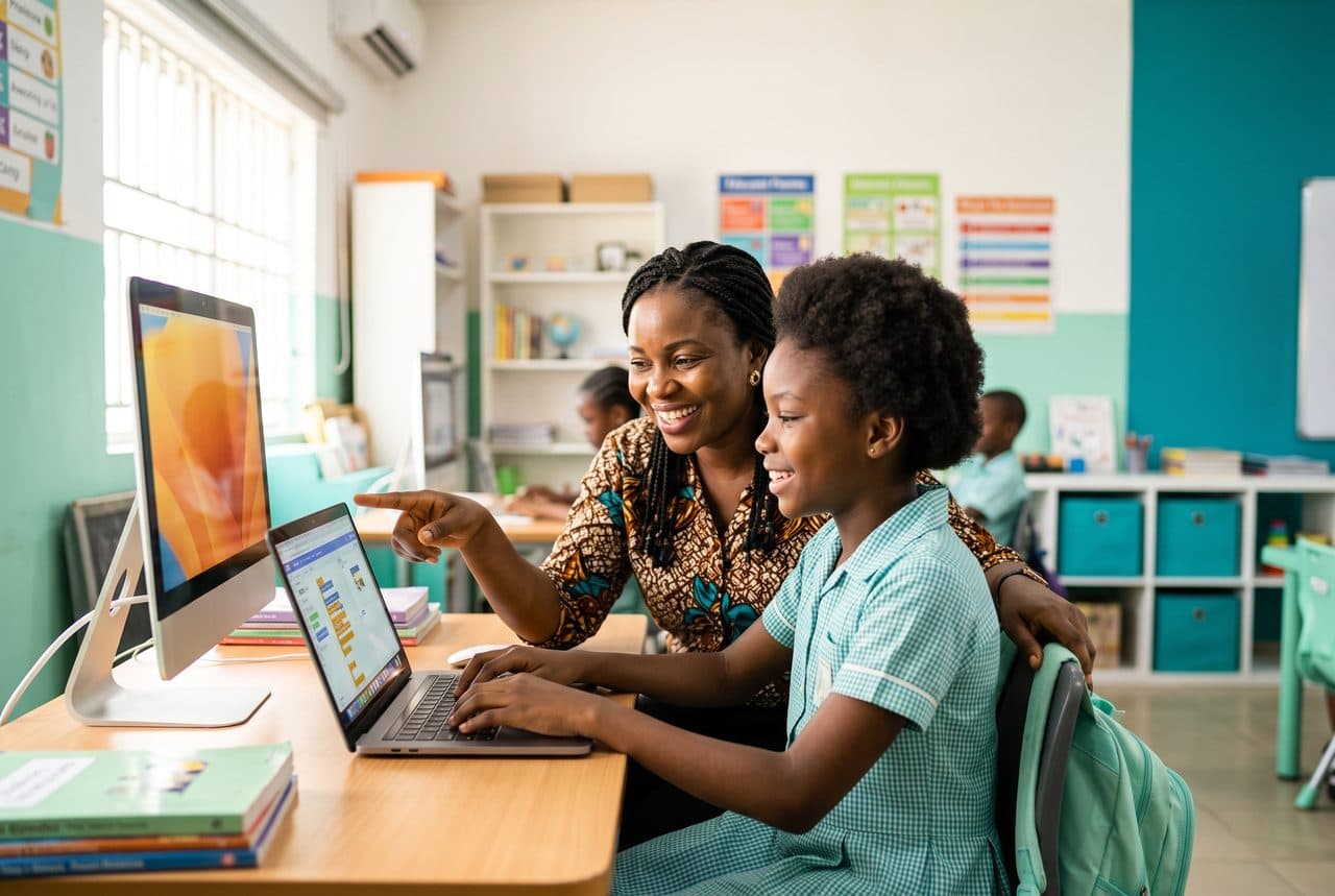 A Nigerian tutor guiding a Primary 6 pupil at a laptop