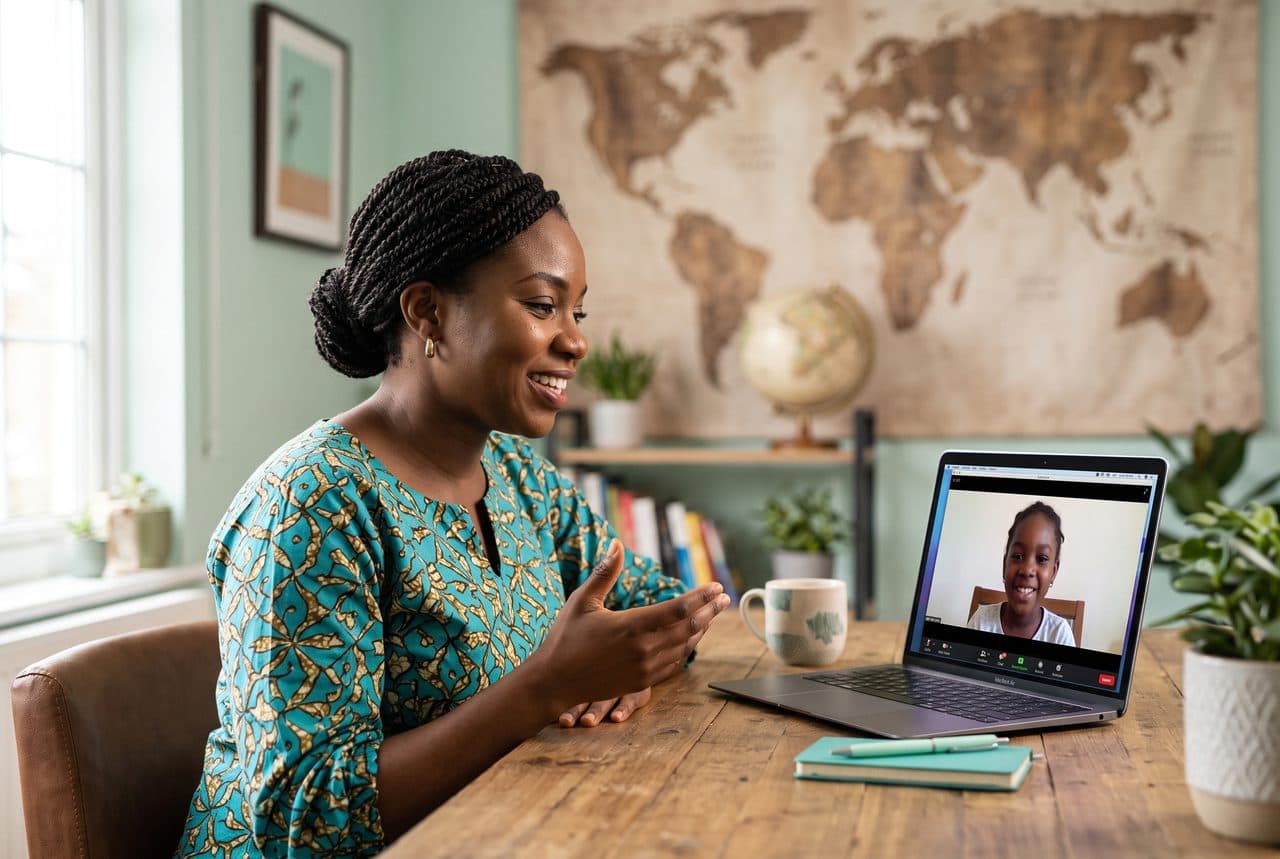 A Nigerian teacher tutoring a remote student over a video call, world map behind