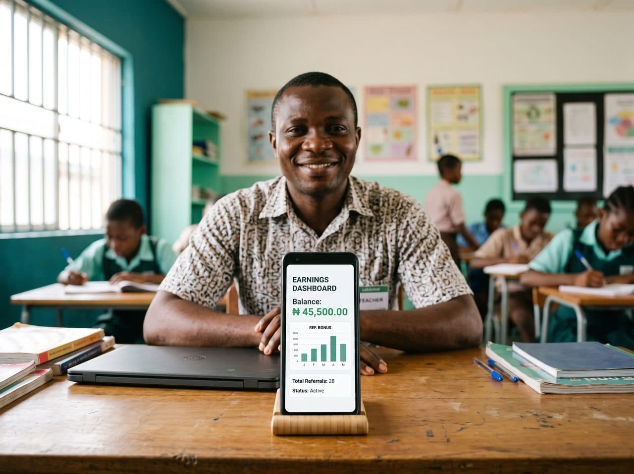 A Nigerian teacher smiling while checking her referral earnings on a phone