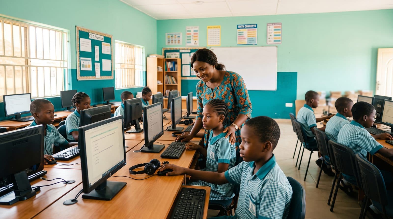 Nigerian primary school children taking computer-based practice tests with a teacher supporting them