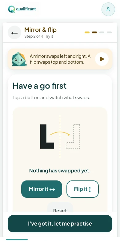 A hands-on Foundations activity where the child mirrors and flips a shape