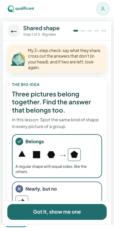 A lesson's Big idea card on a phone, with Quali explaining a three-step check