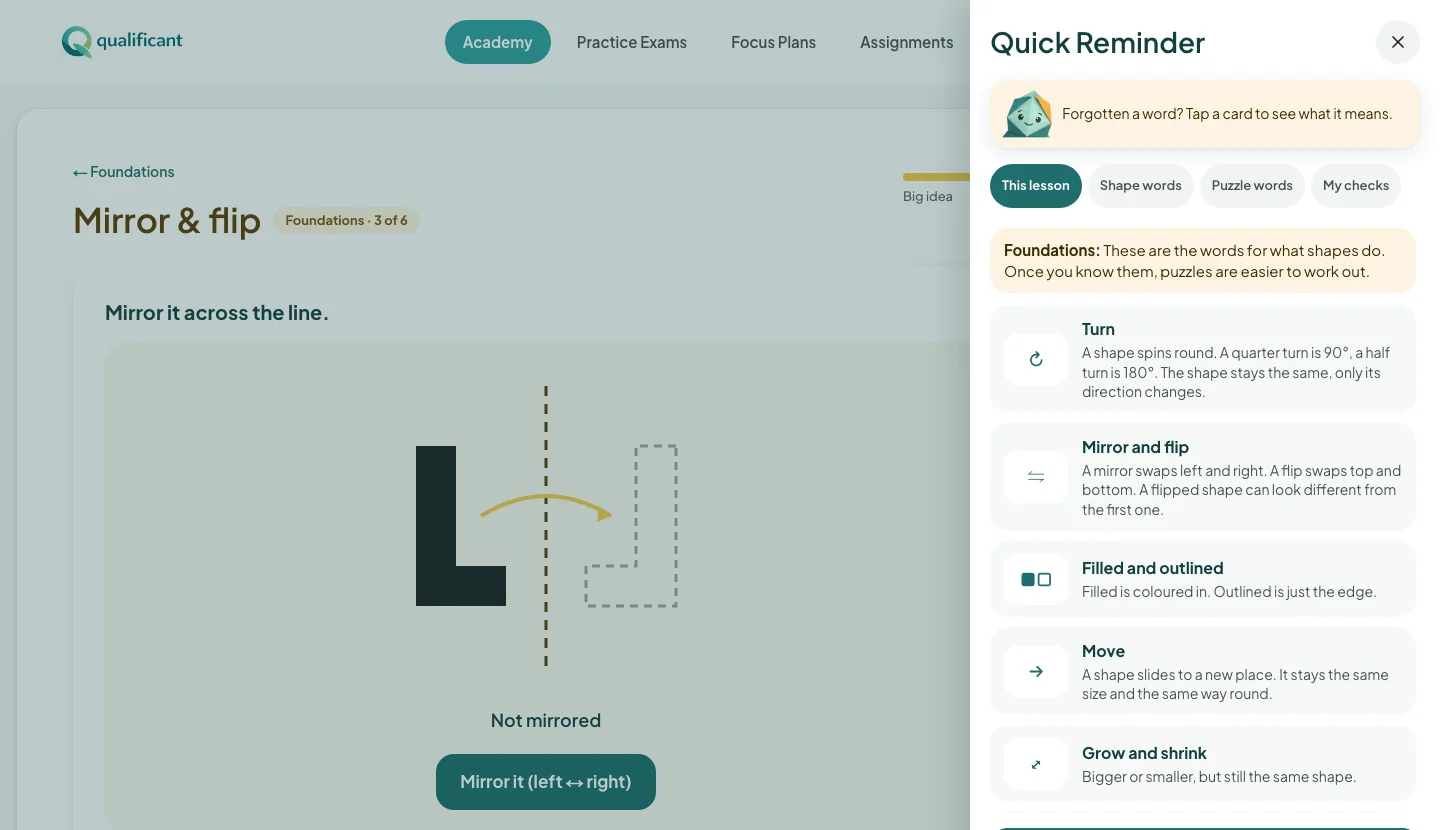 The Quick Reminder drawer explaining turn, mirror and flip, filled and outlined, move, and grow and shrink